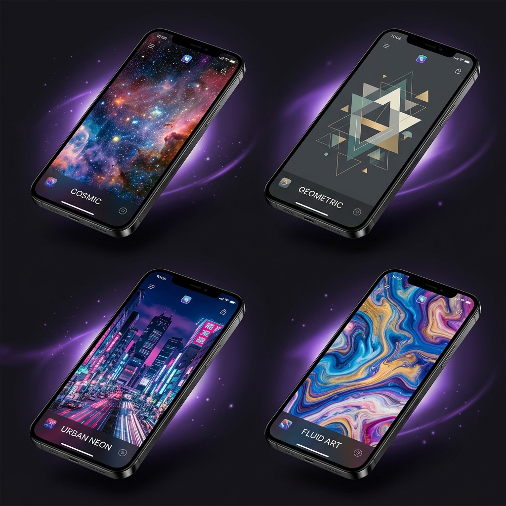 Multiple phone screens showing different wallpaper categories